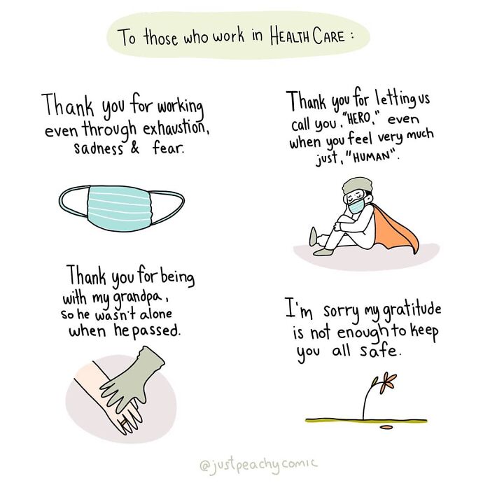Comic expressing gratitude to healthcare workers, highlighting themes of mental health, exhaustion, and human vulnerability.