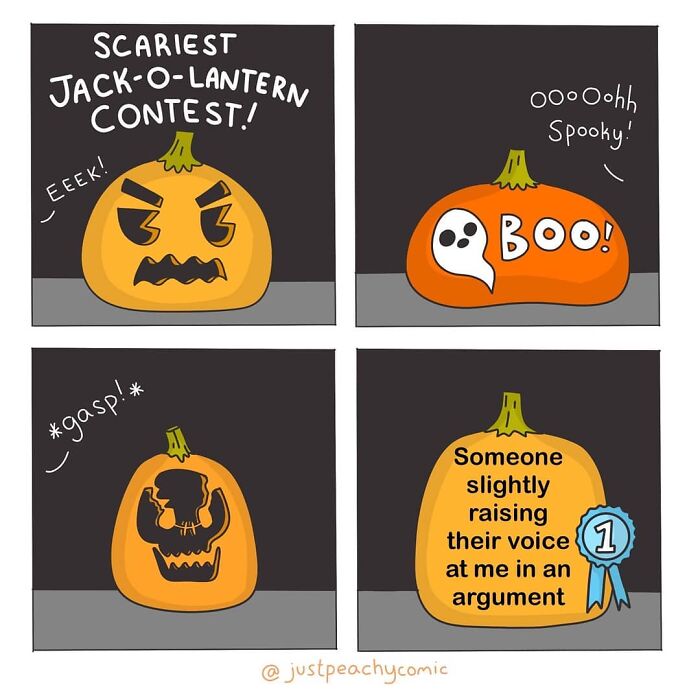 Comic panels showing a jack-o-lantern contest with pumpkins representing anxiety in mental health comics.