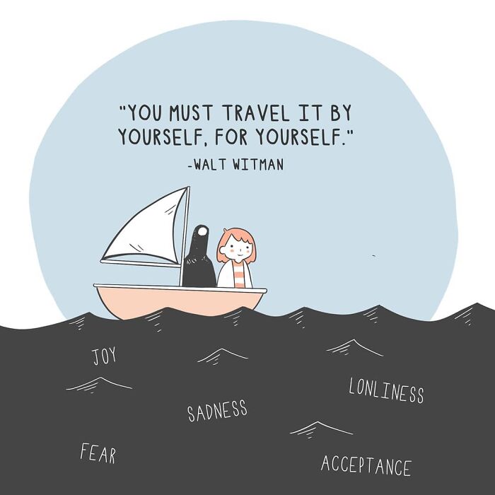 Comic illustration about mental health showing two characters in a boat navigating waves labeled joy, fear, sadness, loneliness, and acceptance.