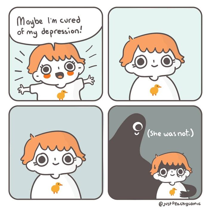 Comic strip illustrating mental health struggles with a character feeling hopeful but facing ongoing depression shadow.