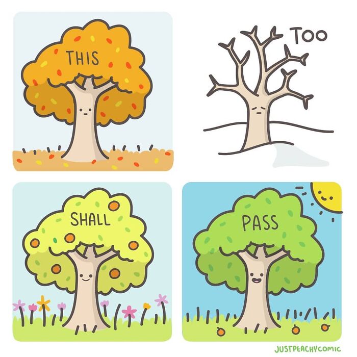 Four-panel comic illustrating seasonal changes on a tree, symbolizing mental health and emotional cycles.