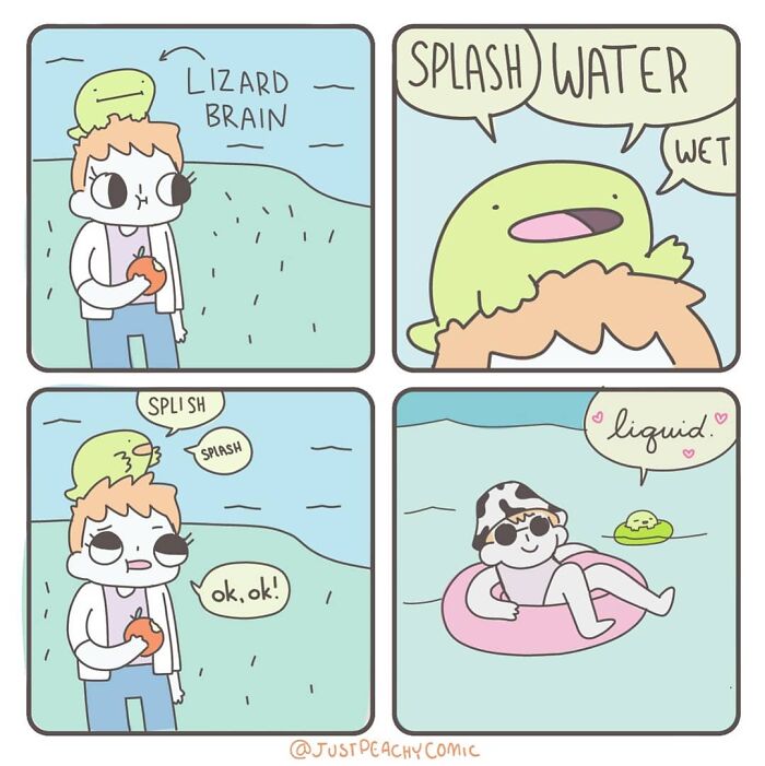 Comic panels illustrating mental health with a character and a lizard brain beside a body of water.