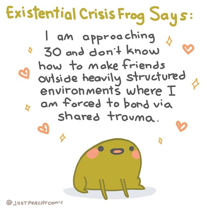 Comic illustration of a frog expressing anxiety about making friends and mental health struggles in adulthood.
