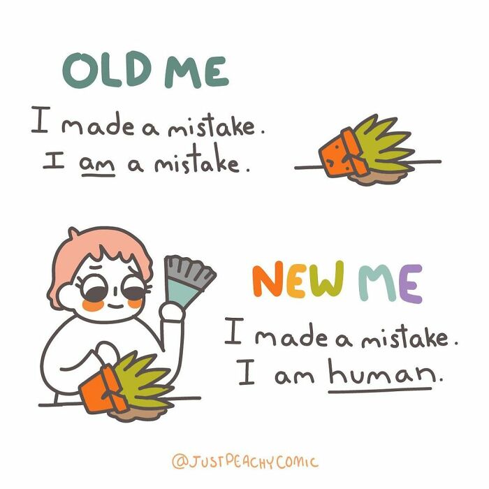 Comic about mental health showing a change in self-perception from mistake to human with positive new mindset.