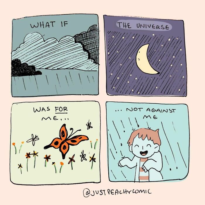 Hand-drawn mental health comic panels showing hope, nature, and a smiling character under rain, highlighting mental health themes.