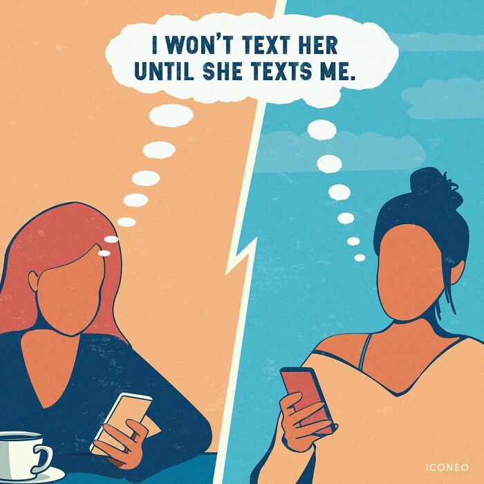 Minimalist illustration showing two people texting, highlighting problematic communication in modern societies by a German artist.
