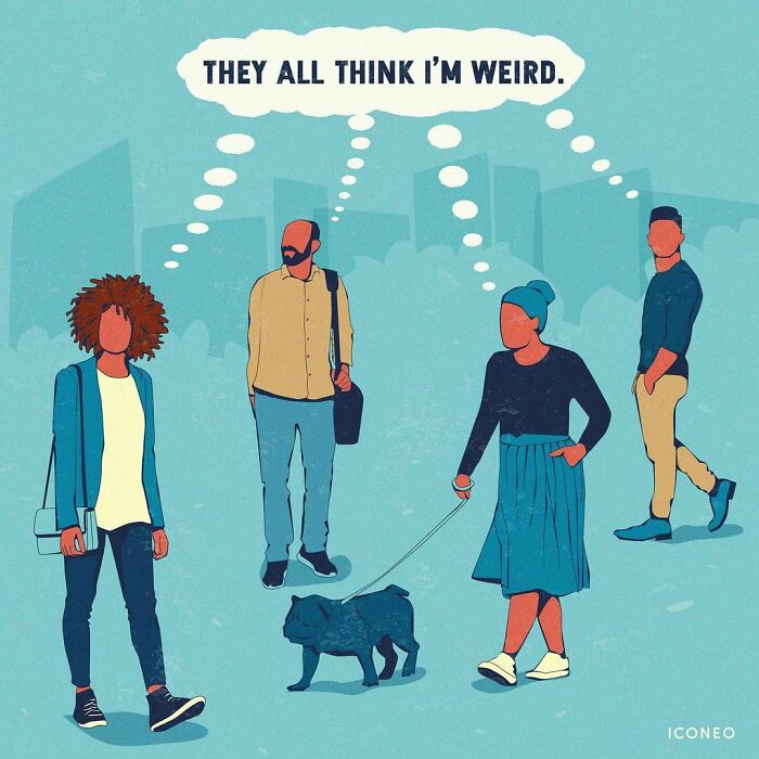 Illustration by German artist depicting social isolation and judgment, highlighting problems in modern societies.