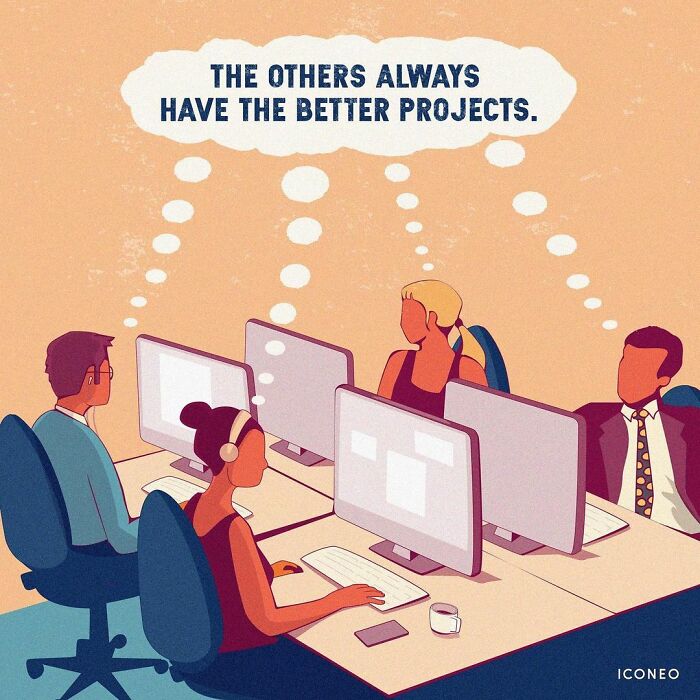 Illustration showing modern society’s work culture with office workers thinking others have better projects.