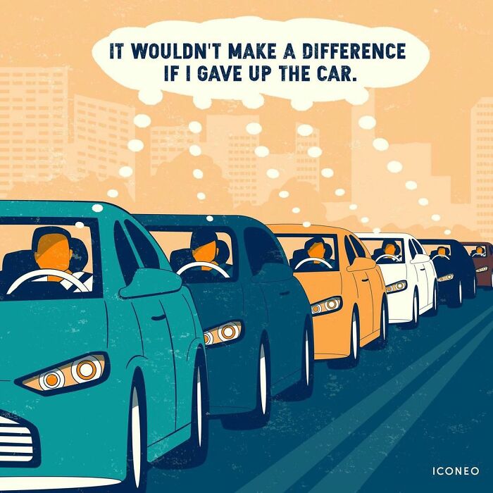 Illustration showing traffic jam with drivers thinking it wouldn't matter if they gave up their cars, highlighting modern society problems.