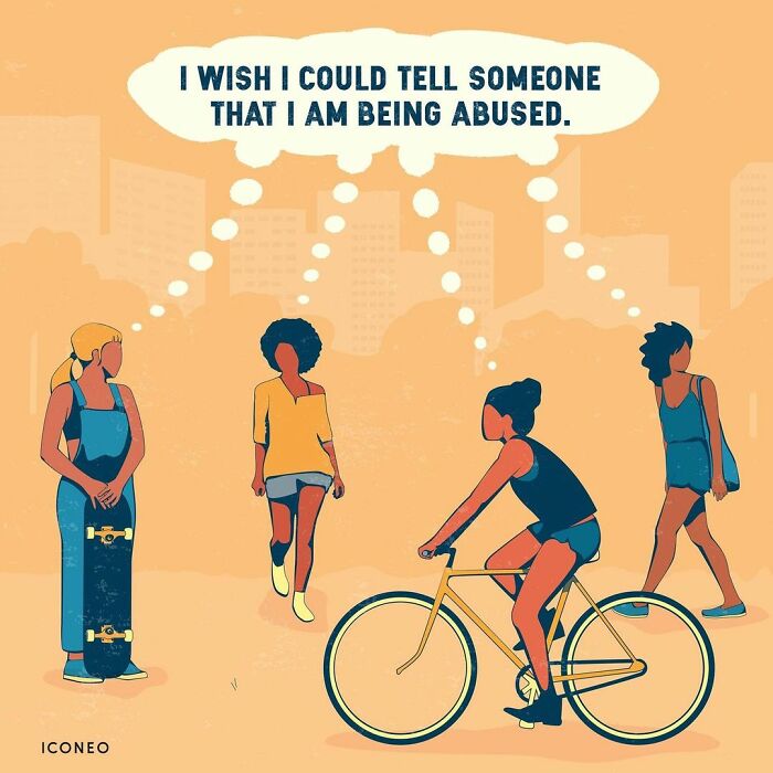 Illustration by German artist showing silence about a***e and issues in modern societies with diverse young people.