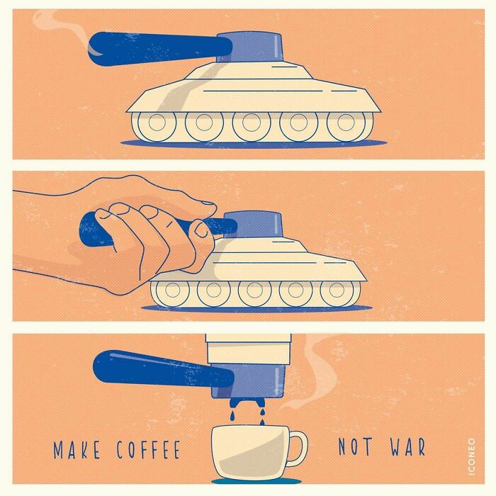 Illustration by German artist depicting a tank transforming into a coffee maker, highlighting modern societies' problems.