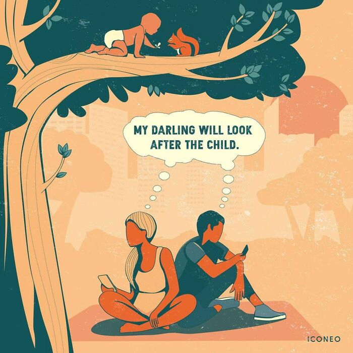 Illustration by German artist highlighting problems in modern societies with distracted parents ignoring a child in a tree.