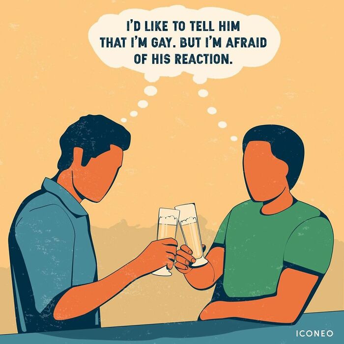 Two men clinking beer glasses with a thought bubble about fear of revealing s****l orientation, highlighting societal issues.