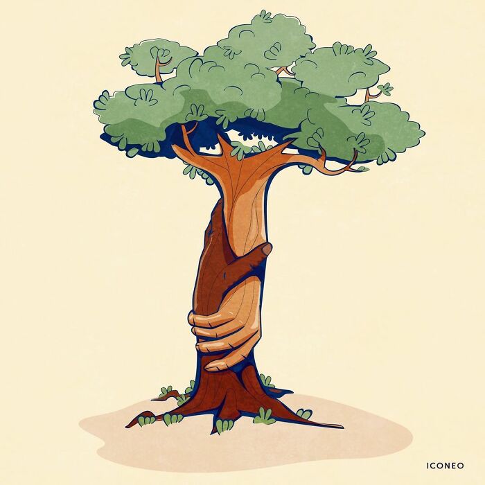Illustration of a tree with human arms embracing its trunk, highlighting environmental issues in modern societies.
