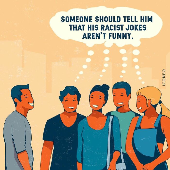Group of people smiling with a thought bubble highlighting problematic racist jokes in modern societies illustration.
