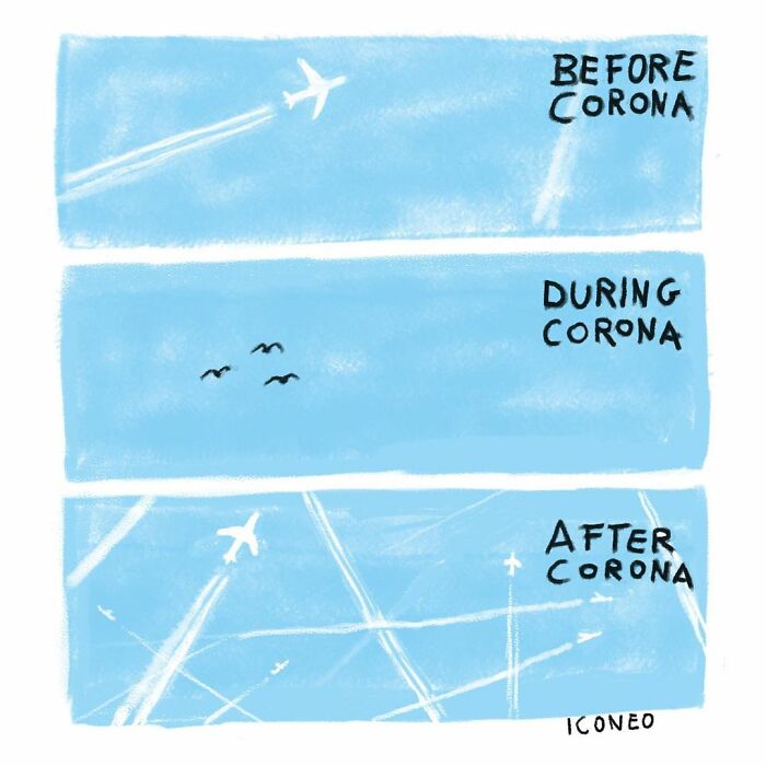 Illustration by German artist showing the impact of corona on modern societies through changing skies and flight patterns.
