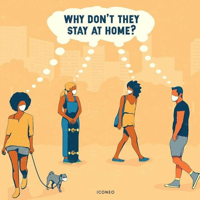 Illustration by German artist showing modern societies' irony with people questioning others wearing masks outdoors.