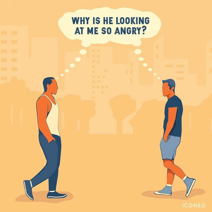 Two men facing each other with one thinking why he looks angry, illustrating problems in modern societies by German artist.
