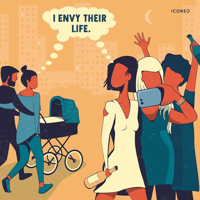Illustration by German artist showing problematic aspects of modern societies with envy and social disconnect depicted.