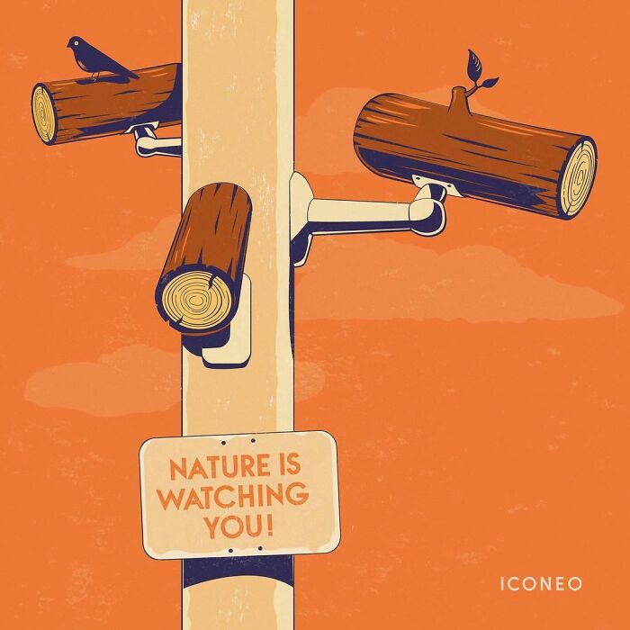Wooden surveillance cameras with a "Nature is watching you" sign, illustrating problematic themes in modern societies.