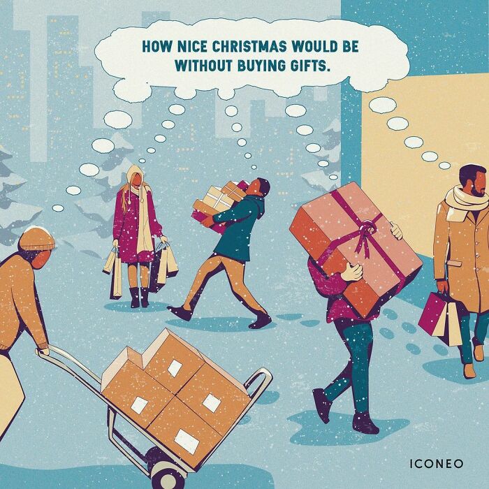 Illustration by German artist highlighting consumerism problem in modern societies with people carrying many gifts in winter.