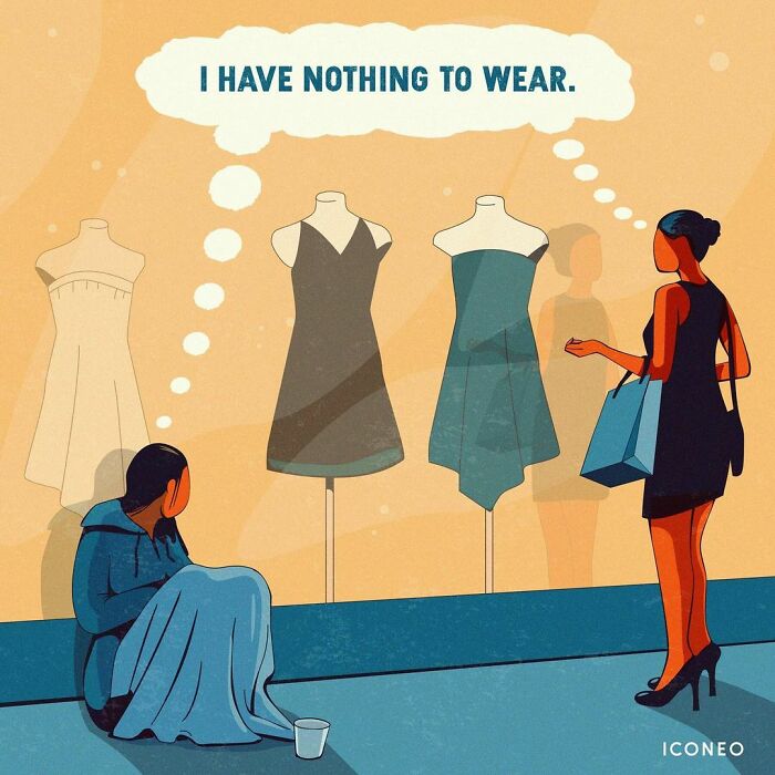 Illustration by German artist showing problematic consumerism in modern societies with a woman surrounded by dresses and homeless person.