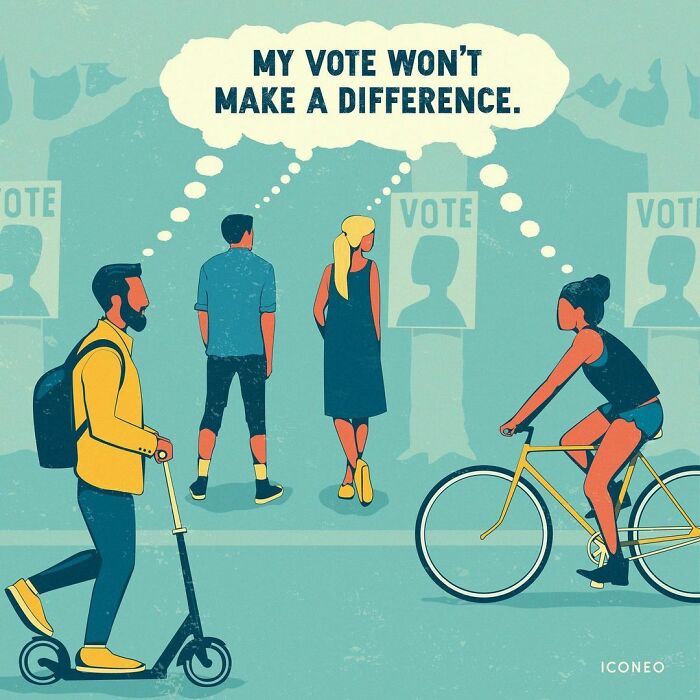Illustration by German artist showing people thinking My vote won’t make a difference, highlighting issues in modern societies.