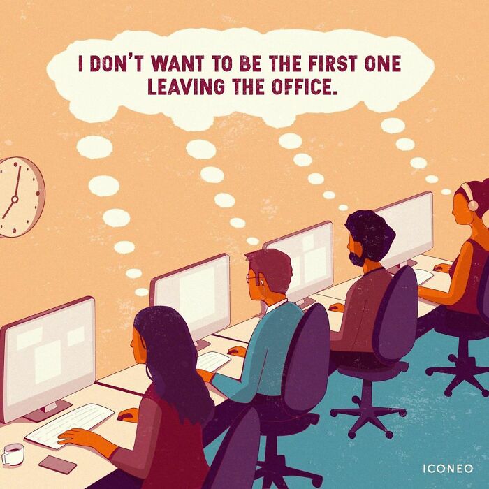 Illustration by German artist showing office workers anxious about modern society's work culture and leaving early.