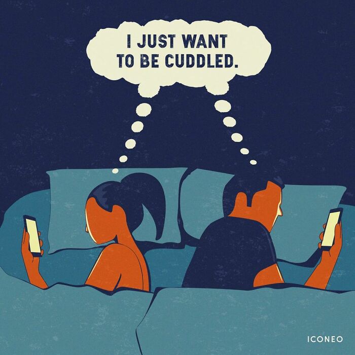 Couple lying in bed, each looking at phones, highlighting problematic aspects of modern societies through illustration.