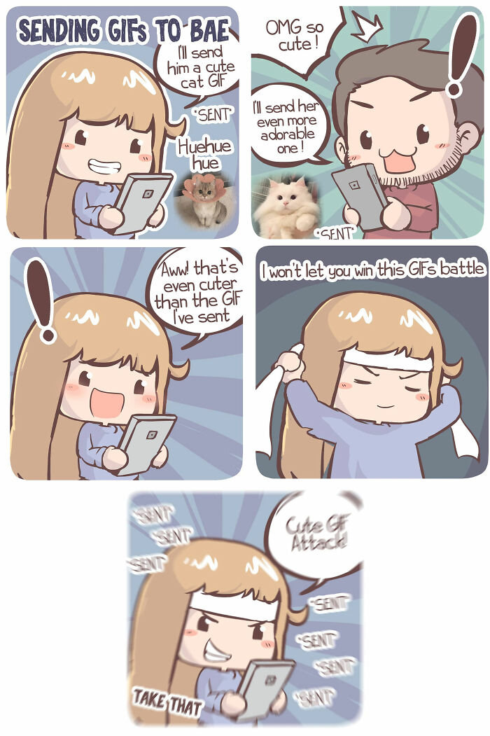 Cute comic panels illustrating a playful GIF exchange, depicting relationship and everyday life in a comic style artwork.