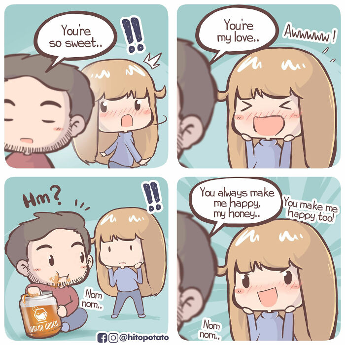 Cute comic panels showing artists illustrating their relationship and everyday life with sweet and loving moments.