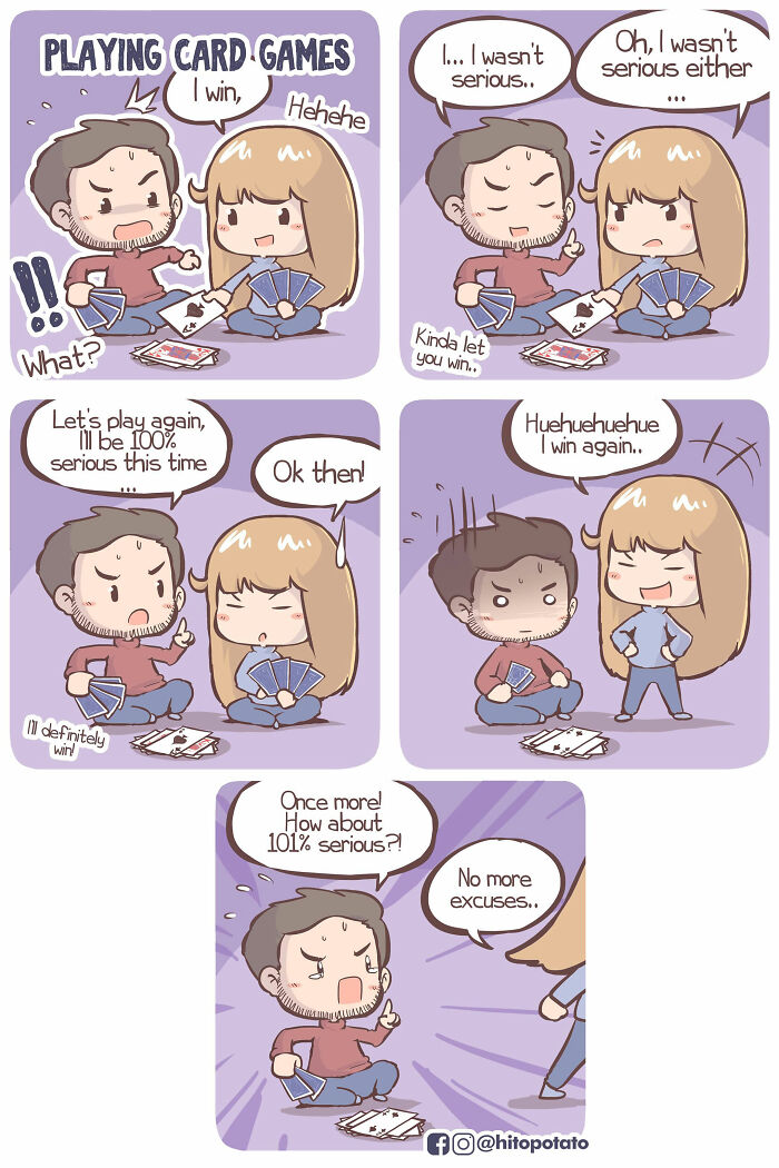 Couple playing card games illustrated in a comic style, showing everyday life and relationship moments by artists.