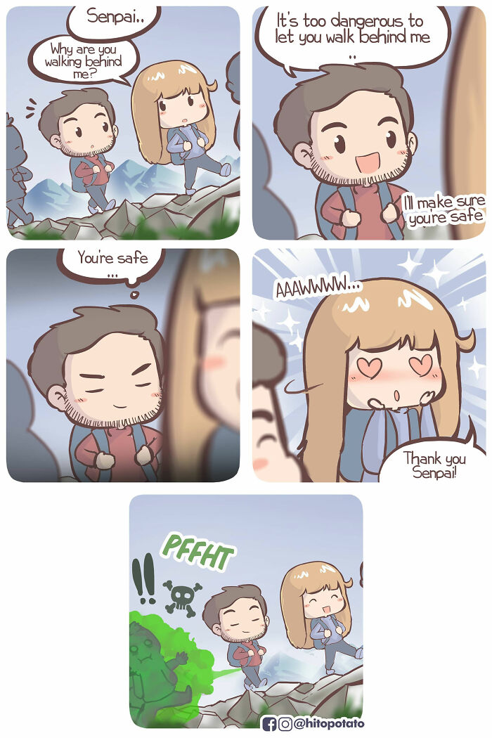 Couple illustrated in relationship comics showing everyday life moments with cute and humorous interactions outdoors.