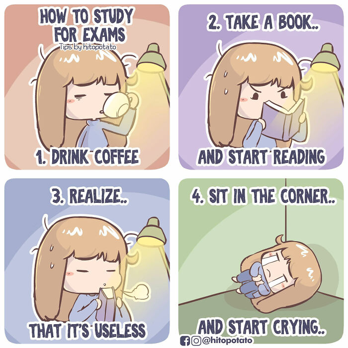 Comic showing a girl illustrating everyday life with humor in a series of four panels about studying for exams.