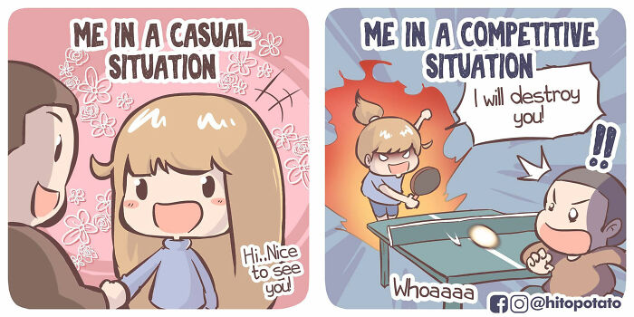 Comic panels showing artists illustrating their relationship and everyday life with contrasting casual and competitive situations.