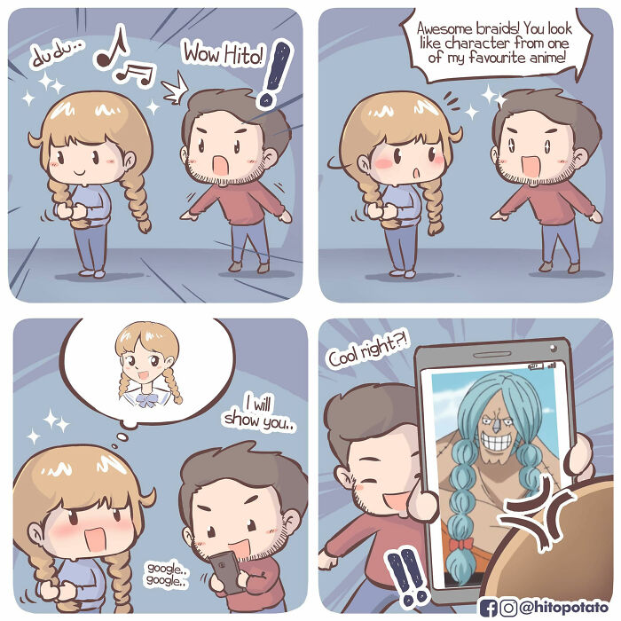 Couple illustrating their relationship in a comic strip showing everyday life and playful moments with braids and laughter.