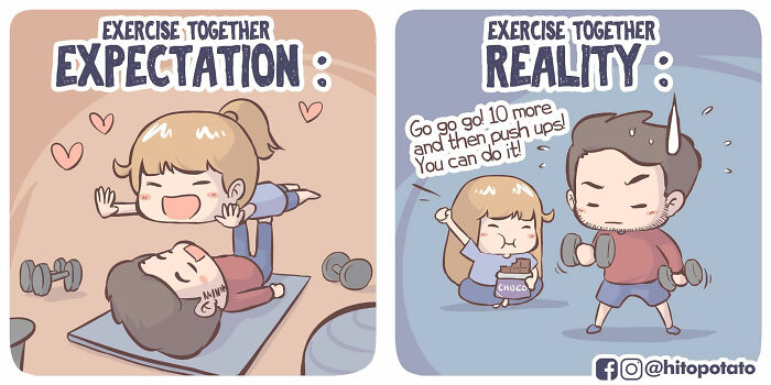 Couple illustrating their relationship and everyday life in comics, showing exercise expectations versus reality with humor.