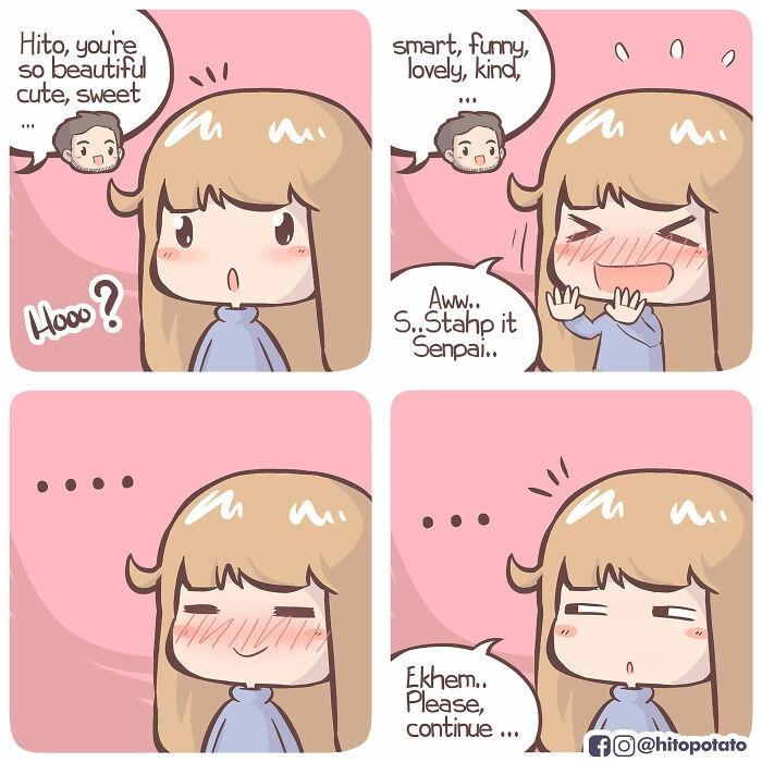 Cute comic panels of a girl blushing and reacting shyly, illustrating relationship humor in everyday life comics by artists.