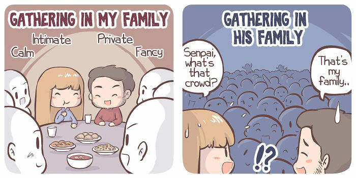 Couple illustrating their relationship and everyday life in comics, comparing intimate family gathering with large crowd setting.
