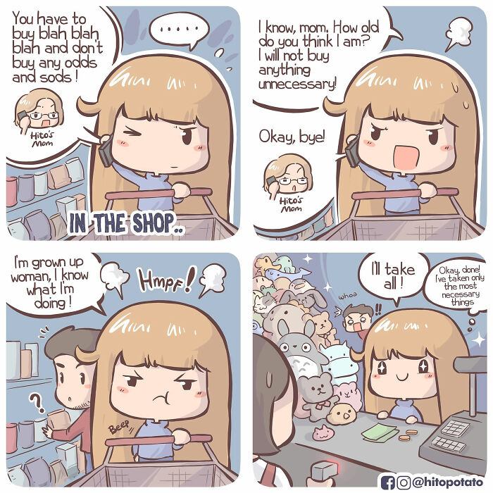 Comic illustrating relationship and everyday life with humorous shopping dialogue between a woman and her mom.