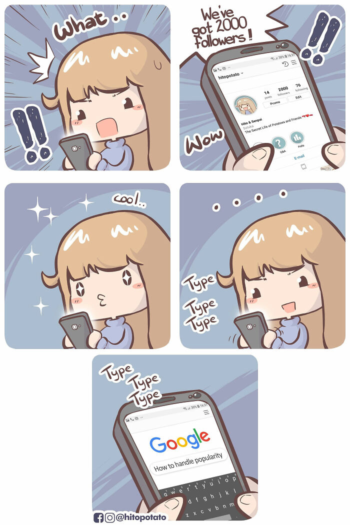 Comic panels show an artist illustrating everyday life, reacting to follower growth and searching popularity tips on phone.