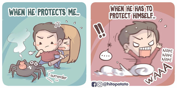 Couple illustrated in comics showing playful moments of protection and everyday relationship life in colorful drawing style.