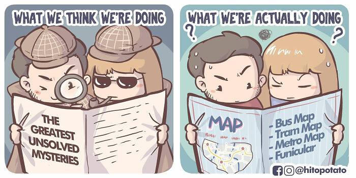 Couple humorously illustrating their relationship and everyday life with comics about mystery-solving vs. reading maps.