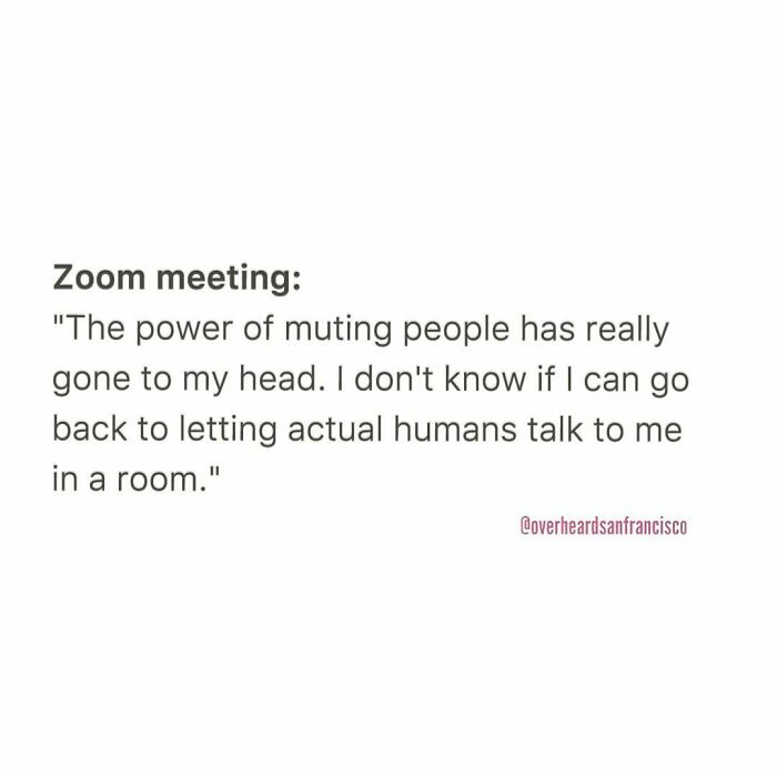 Funny private conversation overheard in San Francisco about the power of muting people during virtual meetings.