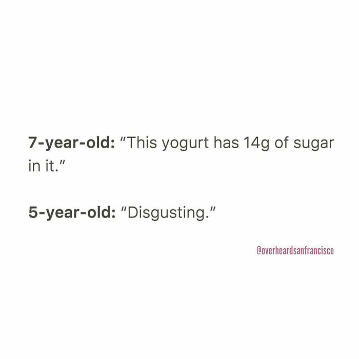 Funny private conversations overheard in San Francisco showing kids reacting to yogurt sugar content.