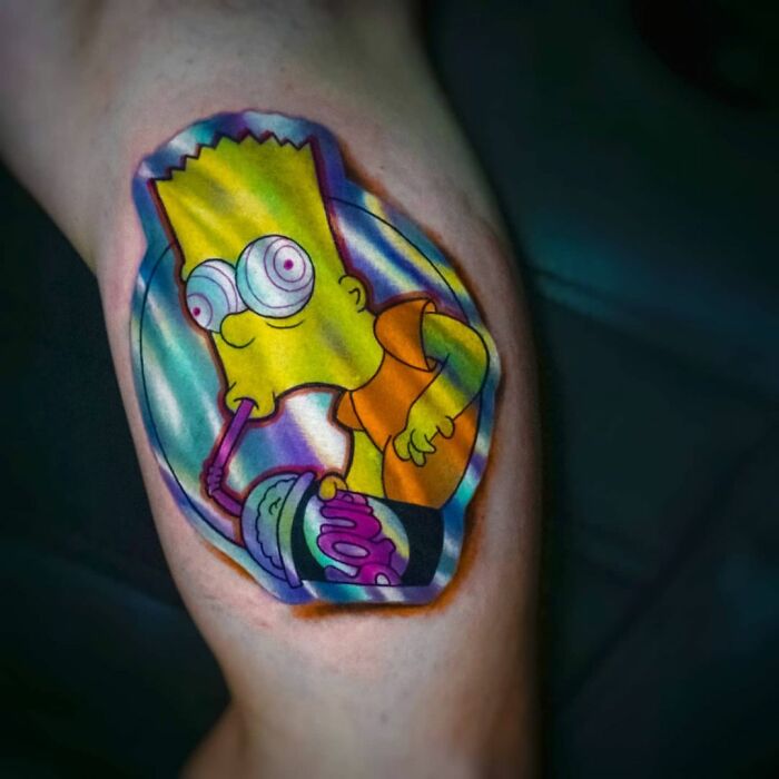 Holographic sticker tattoo of a cartoon character sipping a drink, created by a talented Brazilian artist.