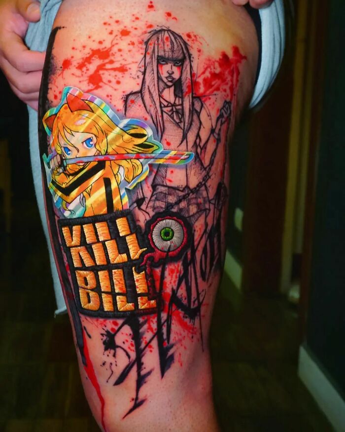 Holographic sticker-style tattoo with vibrant "K**l Bill" artwork on a person's thigh.