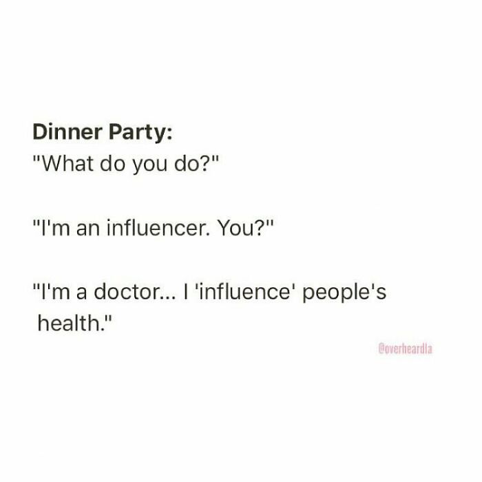 Text conversation overheard at a dinner party about influencers and doctors highlighting private conversations in San Francisco.