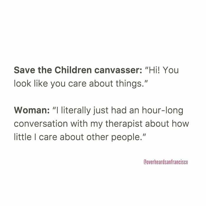 Hilarious private conversations overheard in San Francisco showing unexpected and funny exchanges between people.