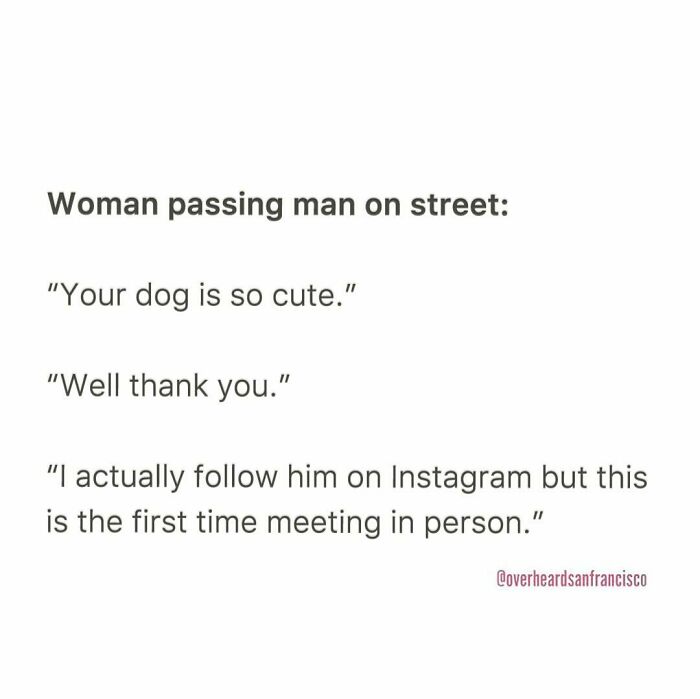 Private conversation overheard in San Francisco where a woman recognizes a dog from Instagram before meeting in person.